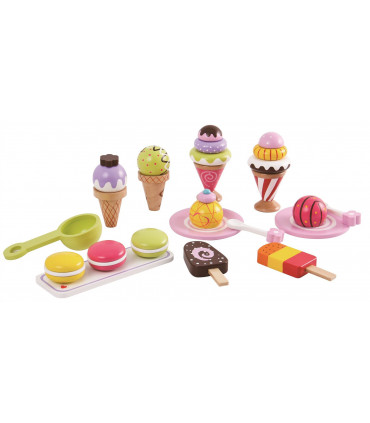 Pretend Play Ice Cream Set Wooden 6 Flavoured Ice Cream 2 Lollypop 3 Macaron