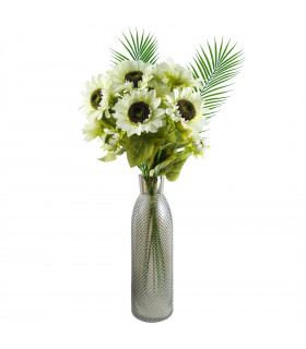 Artificial Sunflower Arrangement Glass Vase White 100cm Tall Diamond Palm Leaf