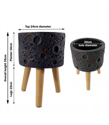 Planter Black 35cm x 24cm Large Fibreglass Composite Rustic Style Wood Legs