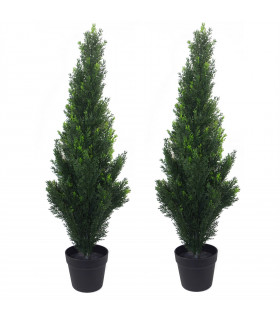 Pair of Artificial Cedar Cypress Topiary UV Resistant 90cm Green 484 Leaves