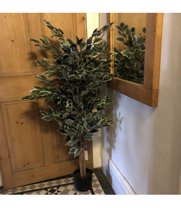 Ficus Tree 130cm Tall Variegated White/Green Bushy Artificial Tree Wood Trunk