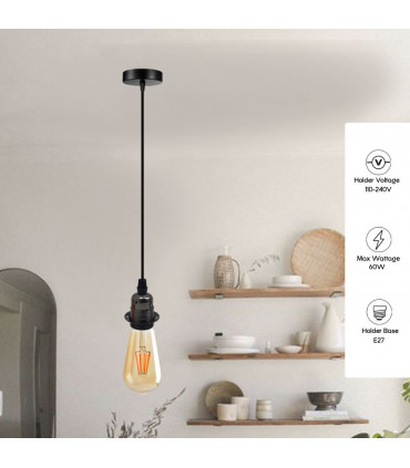 Pendant Light Vintage Industrial Black Metal/PVC 2 Pack E27 UK Holder