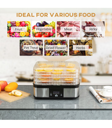 5 Tier Food Dehydrator 245W Stainless Steel Food Dryer Machine Timer LCD Silver