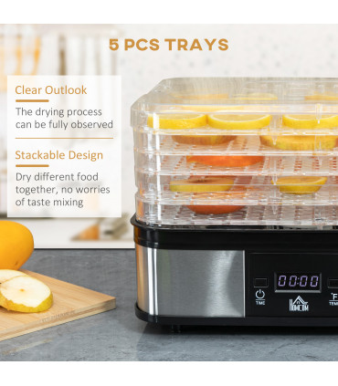 5 Tier Food Dehydrator 245W Stainless Steel Food Dryer Machine Timer LCD Silver