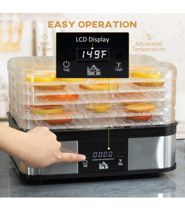 5 Tier Food Dehydrator 245W Stainless Steel Food Dryer Machine Timer LCD Silver