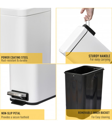 Steel 5L Rectangular Pedal Bin White Steel Body Powder Coated Easy Use