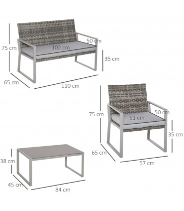 Outdoor Garden Rattan Seating Furniture Set Grey 4-Piece 57cm x 65cm x 75cm