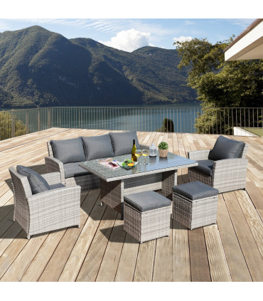 Outdoor 6Pcs Rattan Dining Set Grey Sofa Table Footstool w/ Cushion 182cm x 72cm