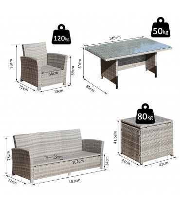 Outdoor 6Pcs Rattan Dining Set Grey Sofa Table Footstool w/ Cushion 182cm x 72cm