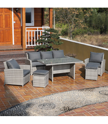 Outdoor 6Pcs Rattan Dining Set Grey Sofa Table Footstool w/ Cushion 182cm x 72cm