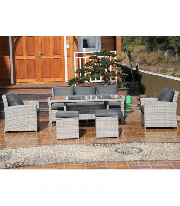 Outdoor 6Pcs Rattan Dining Set Grey Sofa Table Footstool w/ Cushion 182cm x 72cm