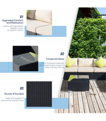 Garden Dining Set 8 Pcs Rattan Sofa Black 78cm x 78cm x 65cm Cushions Outdoor