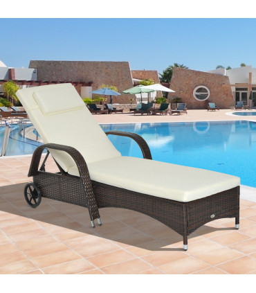 Outdoor Rattan Sun Lounger Brown Steel Frame Polyester 200L x 73W x 72-103H cm
