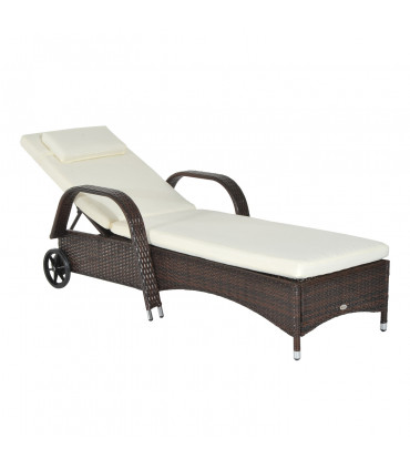 Outdoor Rattan Sun Lounger Brown Steel Frame Polyester 200L x 73W x 72-103H cm