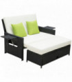 Rattan 2-Seater Sofa Sun Lounger Bed-Black, 130cmx72cmx96cm, Steel, Polyester