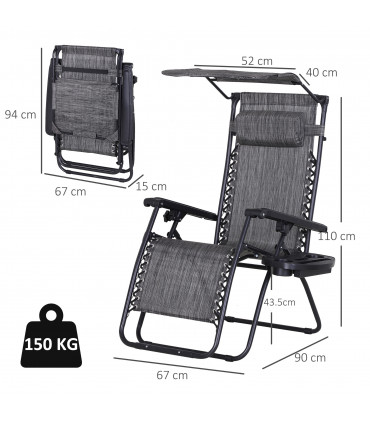 Steel Frame Zero Gravity Outdoor Chair Grey 90cm x 67cm x 110cm Canopy