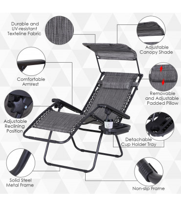 Steel Frame Zero Gravity Outdoor Chair Grey 90cm x 67cm x 110cm Canopy