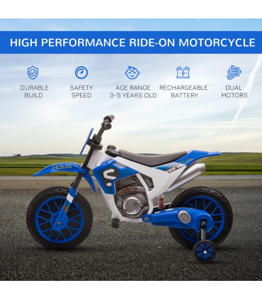 Kids Electric Motorbike Ride-On Motorcycle Training Wheels - Blue 12V 3-5 Years