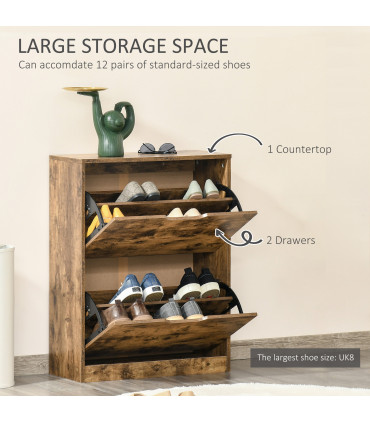 Shoe Cabinet Rustic Brown 81H x 62.5W x 26Dcm 2 Drawer Shoe Cupboard Flip Doors