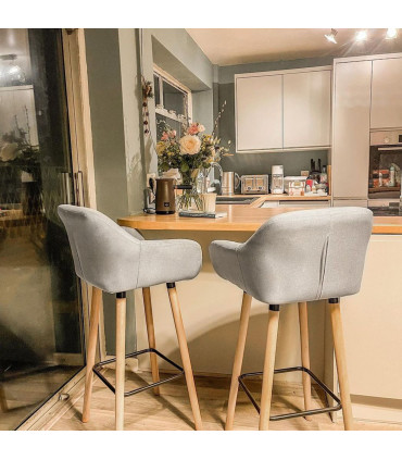 2 PCs Modern Upholstered Fabric Bucket Seat Bar Stools w/ Solid Wood Legs Beige