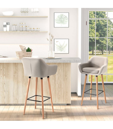 2 PCs Modern Upholstered Fabric Bucket Seat Bar Stools w/ Solid Wood Legs Beige