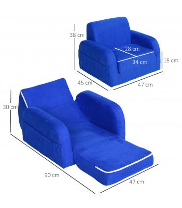 Kids Sofa Armchair Chair Blue Wood Flannel Foam 2 In 1 Fold Out Baby Bed Couch