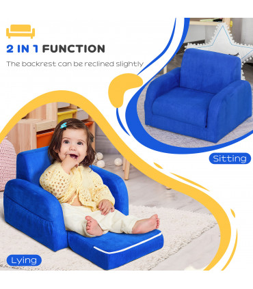 Kids Sofa Armchair Chair Blue Wood Flannel Foam 2 In 1 Fold Out Baby Bed Couch