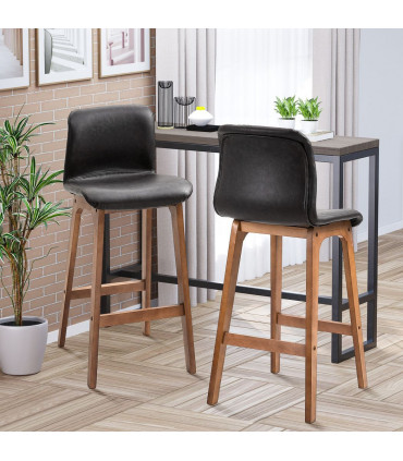 2 Pcs 93cm Faux Leather Bar Stools Wooden Frame Footrest Padding High Back Brown
