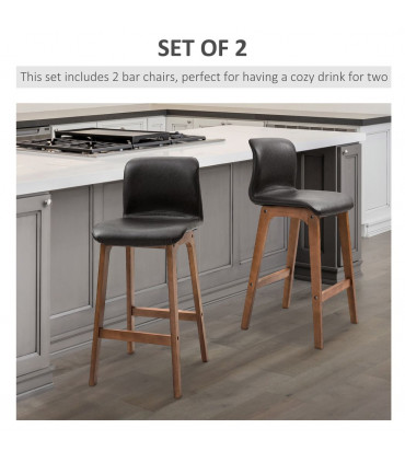 2 Pcs 93cm Faux Leather Bar Stools Wooden Frame Footrest Padding High Back Brown