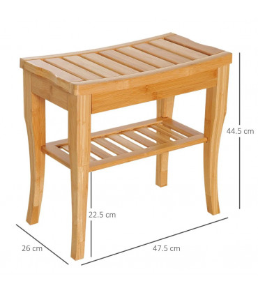 Shower Bench Storage Seat Stool 2-Tier Natural Wood Finish 44.5H x 47.5L x 26Wcm