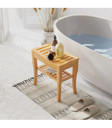 Shower Bench Storage Seat Stool 2-Tier Natural Wood Finish 44.5H x 47.5L x 26Wcm