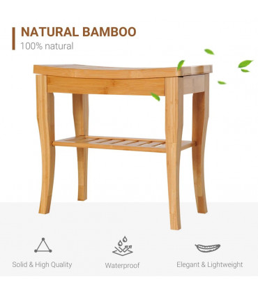 Shower Bench Storage Seat Stool 2-Tier Natural Wood Finish 44.5H x 47.5L x 26Wcm