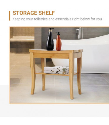 Shower Bench Storage Seat Stool 2-Tier Natural Wood Finish 44.5H x 47.5L x 26Wcm