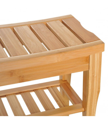 Shower Bench Storage Seat Stool 2-Tier Natural Wood Finish 44.5H x 47.5L x 26Wcm
