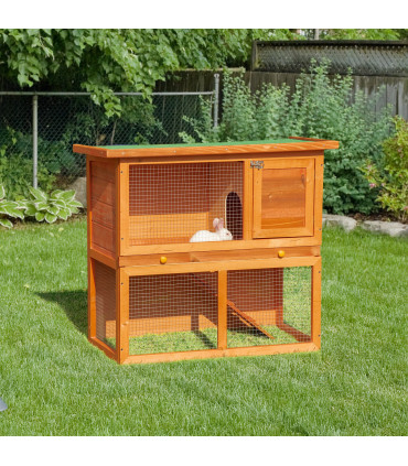 2-tier Rabbit Hutch Small Animal Wooden Vintage Yellow Green 90L x 45W x 80H cm