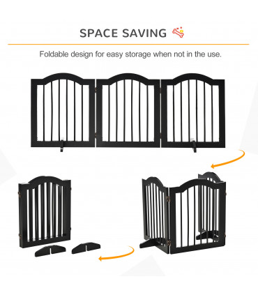 3 Panels Dog Gate w/ Support Feet Fence Safety Barrier Freestanding Wood Black
