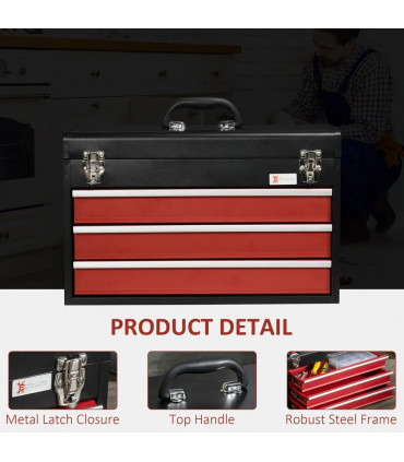 3 Drawer Tool Chest Lockable Tool Box w/ Ball Bearing Runners 51cmx22cmx32cm