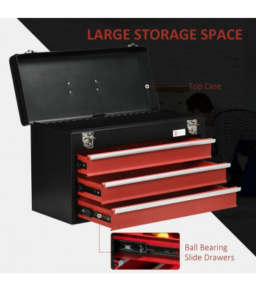 3 Drawer Tool Chest Lockable Tool Box w/ Ball Bearing Runners 51cmx22cmx32cm