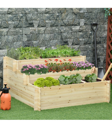 Garden Flower Box 3 Tier Raised 9 Grids Non-woven Fabric Natural Wood 117cm