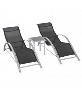 3 Pieces Lounge Chair Set Garden Sunbathing Chair w/ Table Black Metal