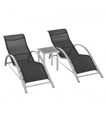 3 Pieces Lounge Chair Set Garden Sunbathing Chair w/ Table Black Metal