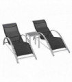 3 Pieces Lounge Chair Set Garden Sunbathing Chair w/ Table Black Metal