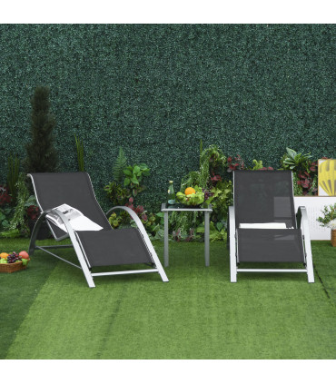 3 Pieces Lounge Chair Set Garden Sunbathing Chair w/ Table Black Metal