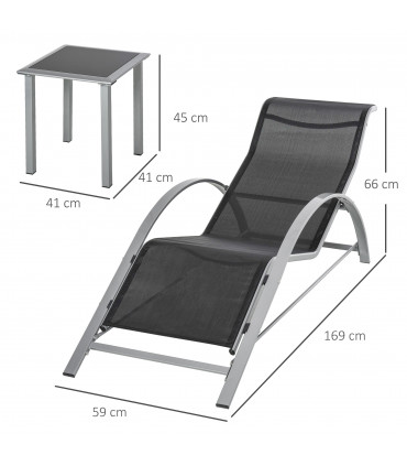 3 Pieces Lounge Chair Set Garden Sunbathing Chair w/ Table Black Metal