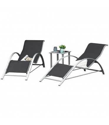 3 Pieces Lounge Chair Set Garden Sunbathing Chair w/ Table Black Metal