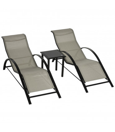 Metal Grey Sun Lounger Set 3 Pieces 59W x 169D x 66Hcm Table 41L x 41W x 45Hcm