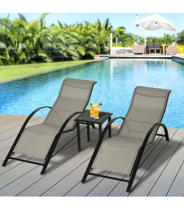 Metal Grey Sun Lounger Set 3 Pieces 59W x 169D x 66Hcm Table 41L x 41W x 45Hcm