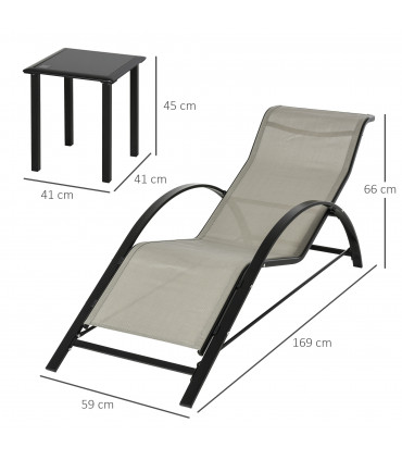 Metal Grey Sun Lounger Set 3 Pieces 59W x 169D x 66Hcm Table 41L x 41W x 45Hcm