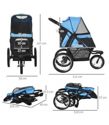 Pet Stroller - 3 Wheel, Medium Small Dogs, Foldable Cat Pram - Blue