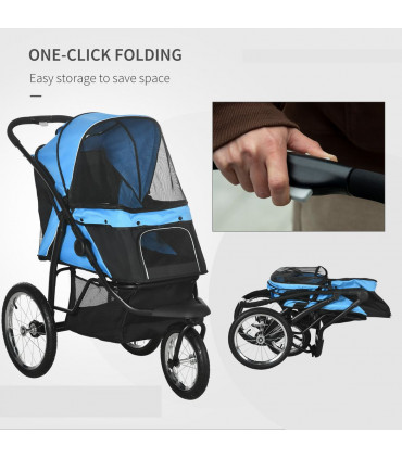 Pet Stroller - 3 Wheel, Medium Small Dogs, Foldable Cat Pram - Blue